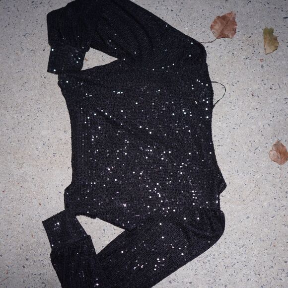 Sincerely Jules Bandier Sequin Top Black Deep V Long Sleeve Sz XL Party - Picture 9 of 13